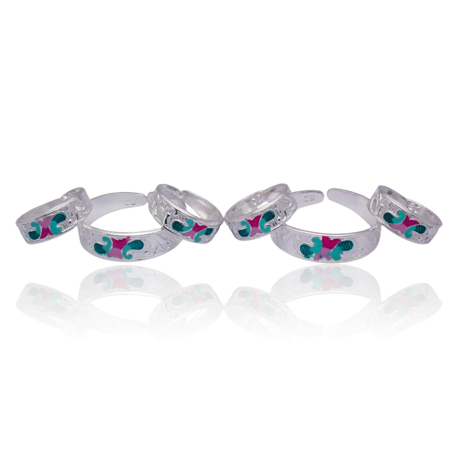 Colorful Silver Toe Ring Set with Intricate Design | Shyni - Shyni Jewellery