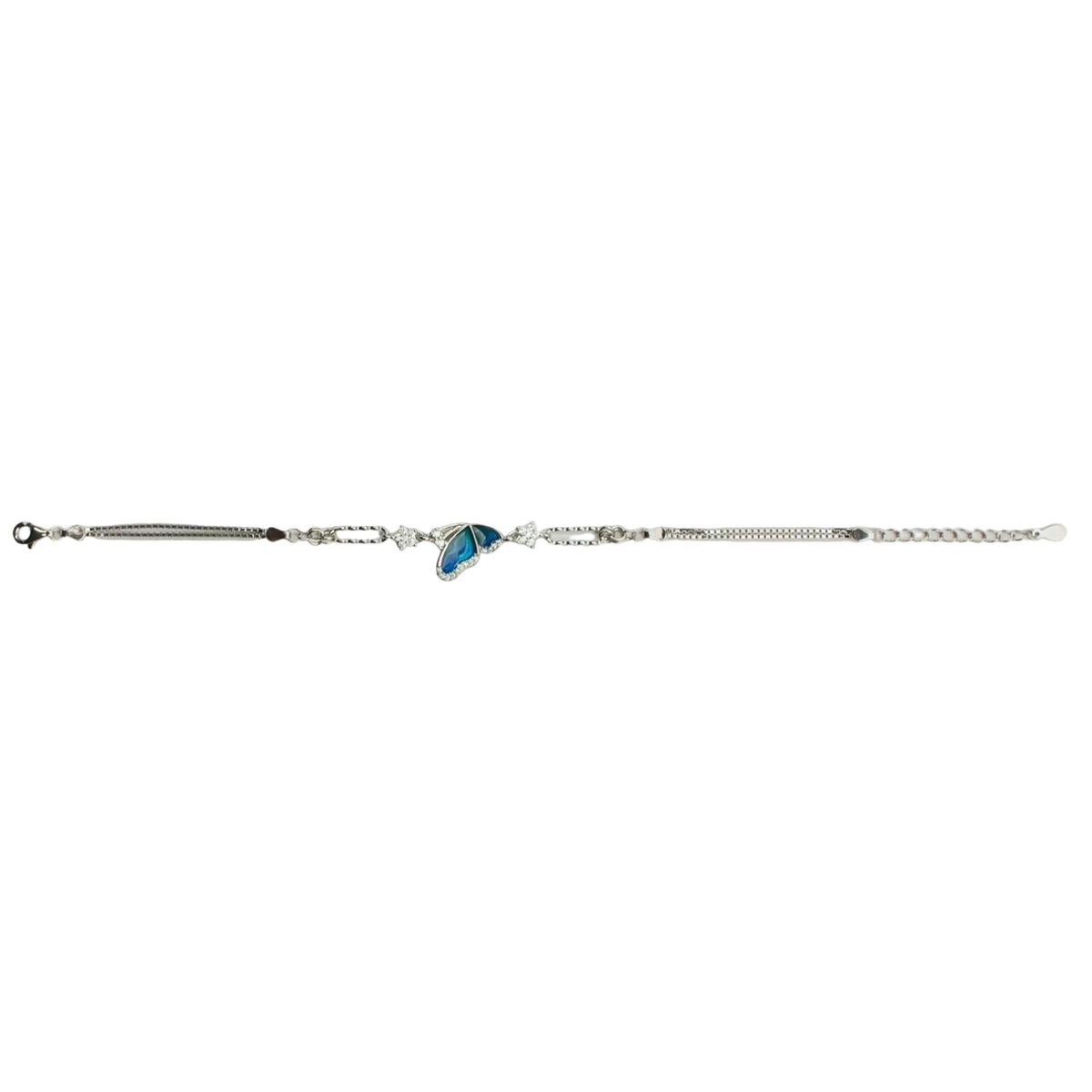 a delicate silver chain bracelet with a small central blue heart charm, displayed horizontally against a plain light gray background.