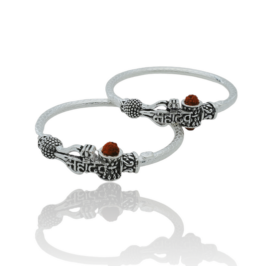 Silver Kada Pair for Kids with Mahadev Name, Black Polish, Damaru, and Rudraksh