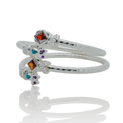 Silver Kada Pair for Kids with Orange Crystal and Cat Design