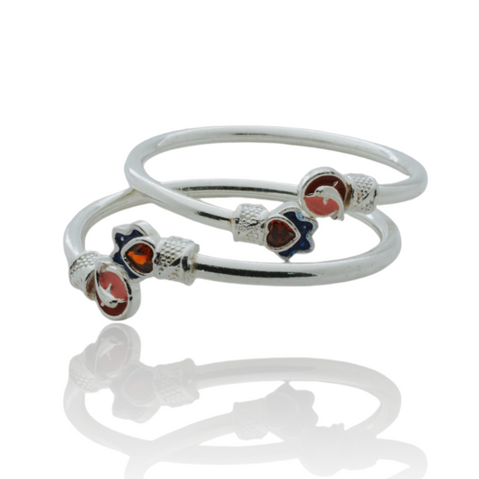 Silver Kada Pair for Kids with Orange Crystal and Cat Design