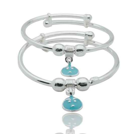 Silver Kada Pair for Kids with Sky Blue Emoji Face Charm