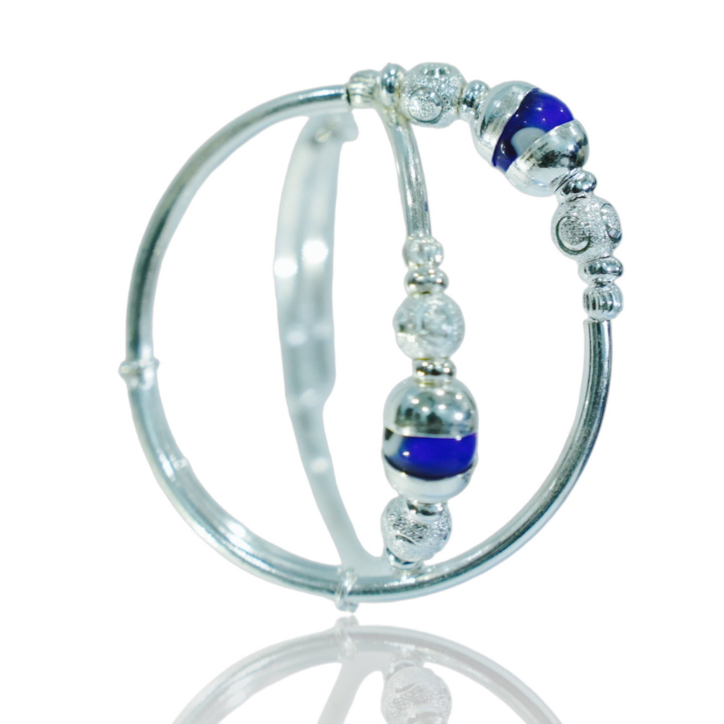 silver kada pair for kids with blue evil eye and silver balls
