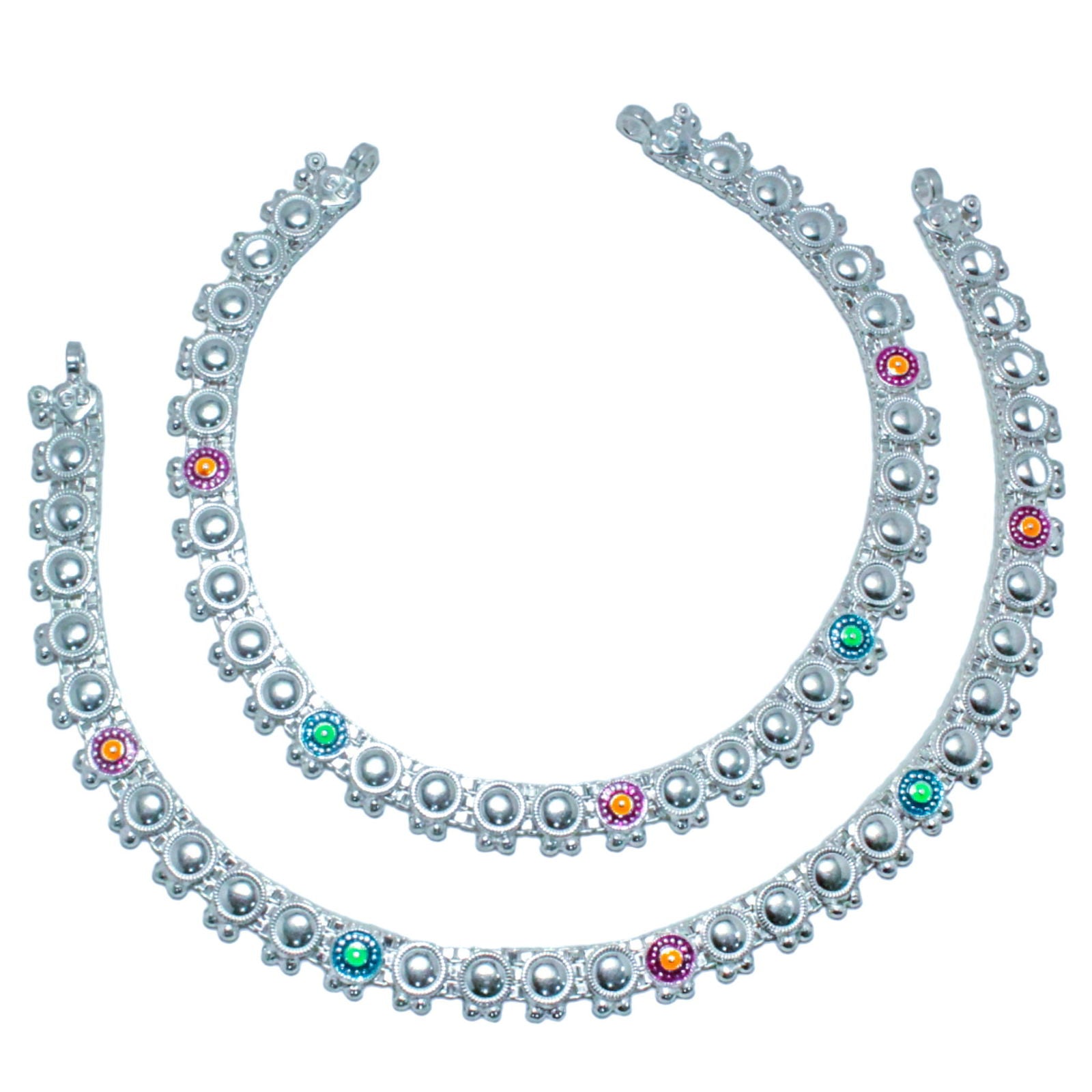 Round Embossed Silver Payal with Red & Green Accents | Shyni - Shyni Jewellery