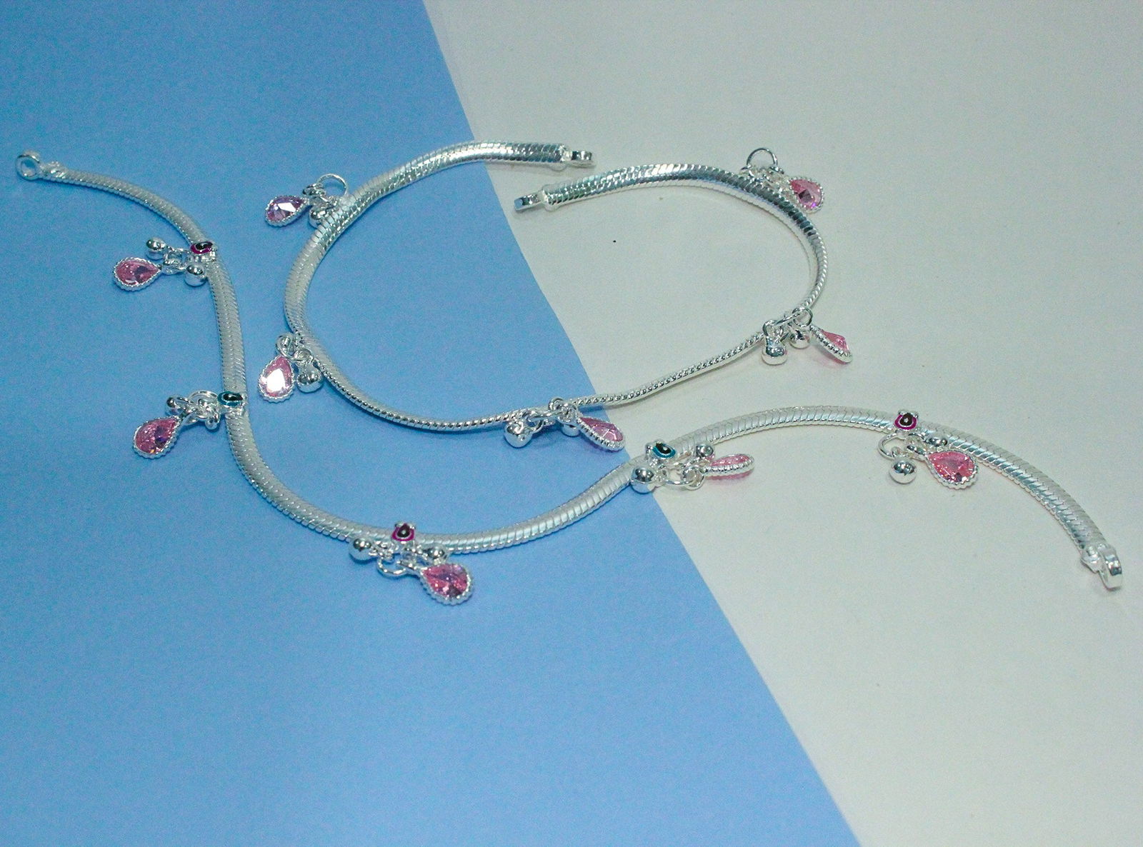 Buy Simple Silver Payal with Pink Oval Crystal Dangles Shyni Shyni Jewellery