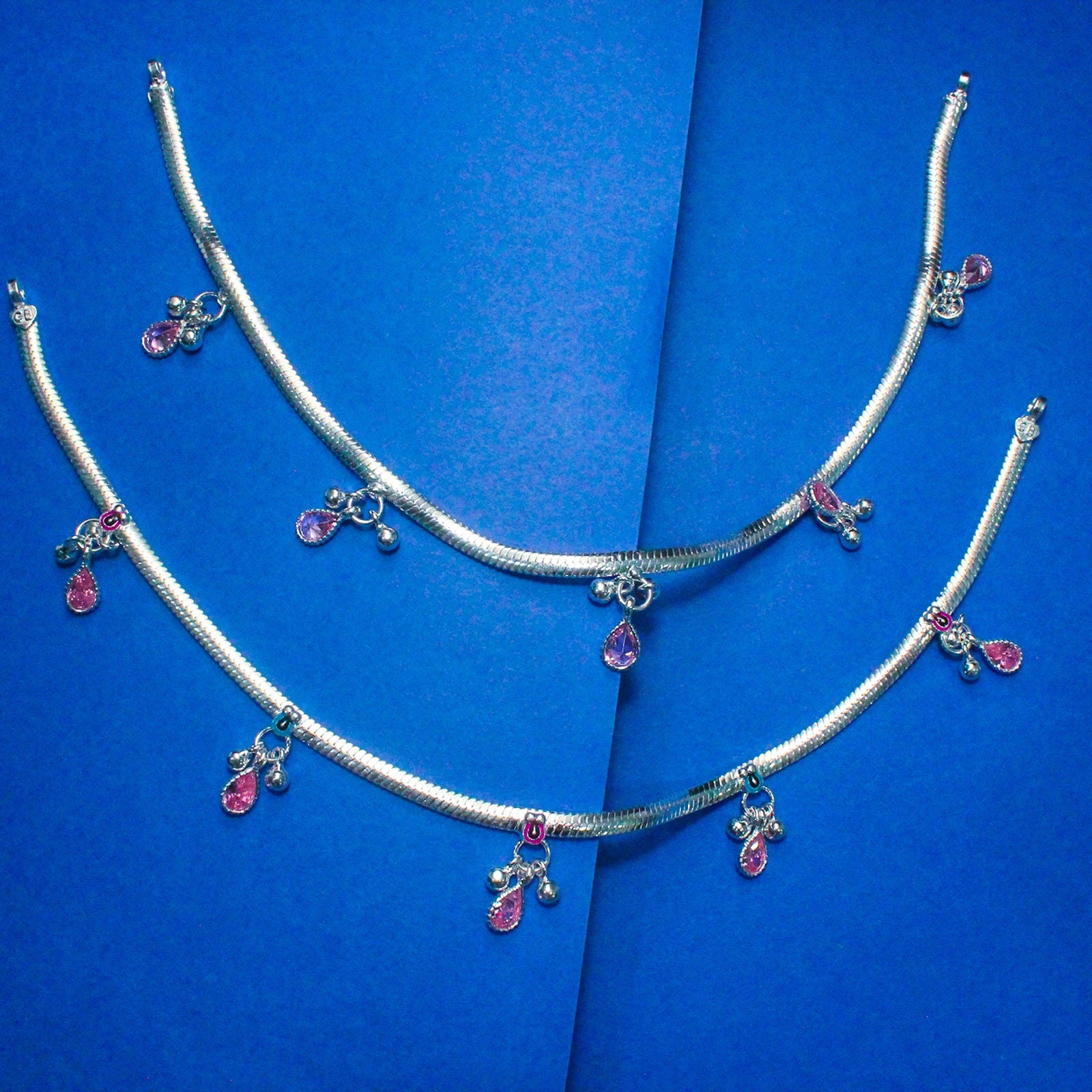 Buy Simple Silver Payal with Pink Oval Crystal Dangles Shyni Shyni Jewellery