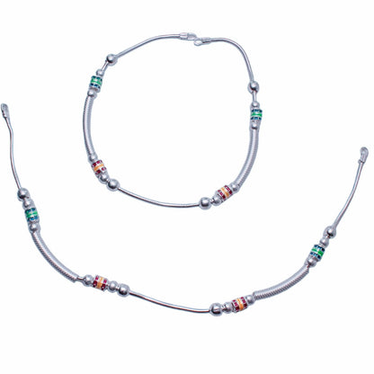 Stylish Dimple Design Silver Payal with Red and Green Accents | Shyni - Shyni Jewellery