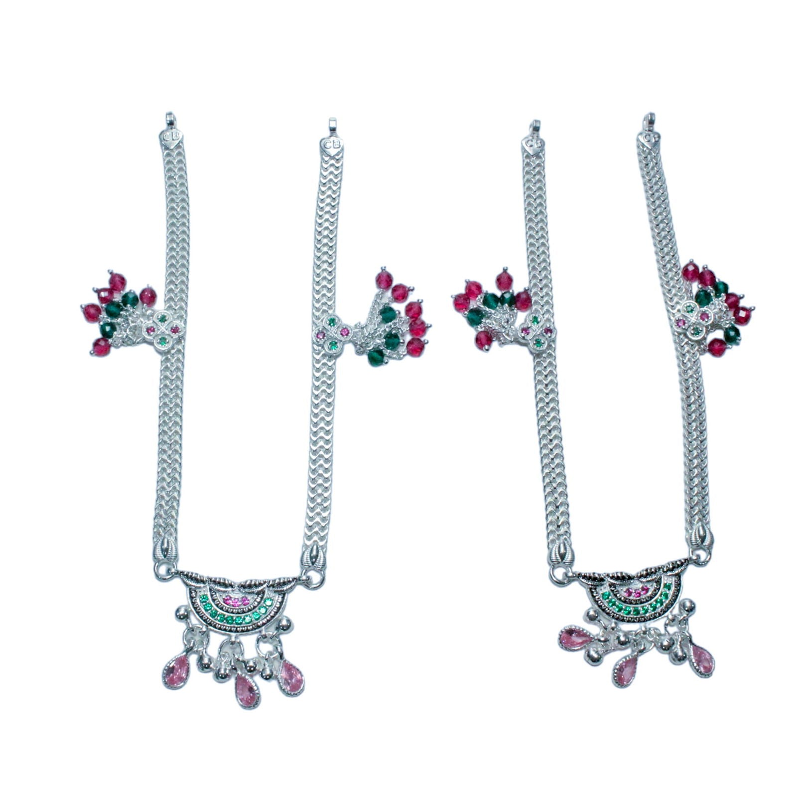 Traditional Silver Payal with Dual Chain Design and Colorful Stonework | Shyni - Shyni Jewellery