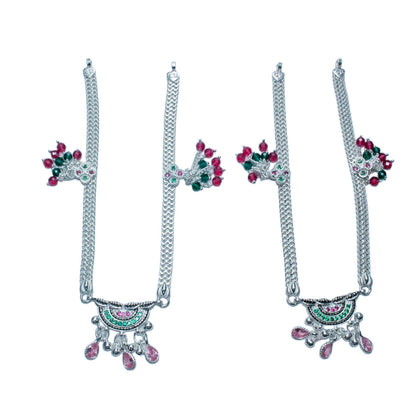 Traditional Silver Payal with Dual Chain Design and Colorful Stonework | Shyni - Shyni Jewellery
