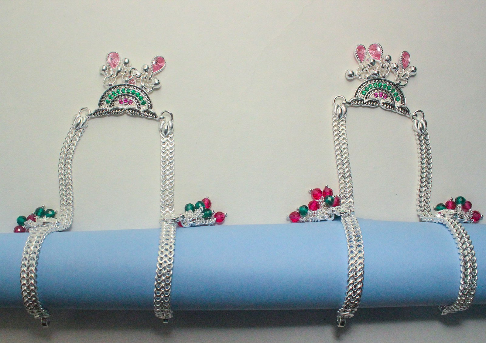 Traditional Silver Payal with Dual Chain Design and Colorful Stonework | Shyni - Shyni Jewellery