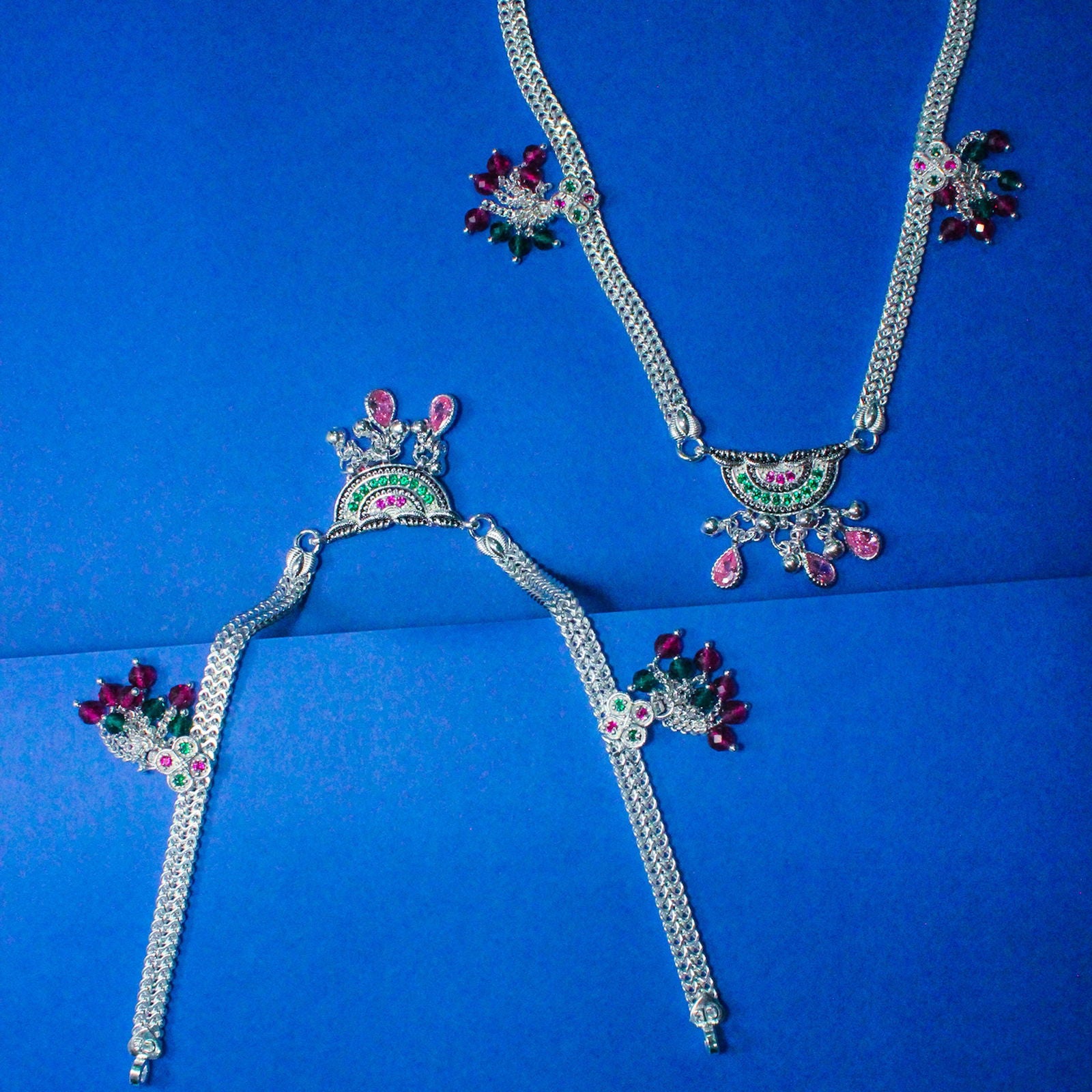 Traditional Silver Payal with Dual Chain Design and Colorful Stonework | Shyni - Shyni Jewellery