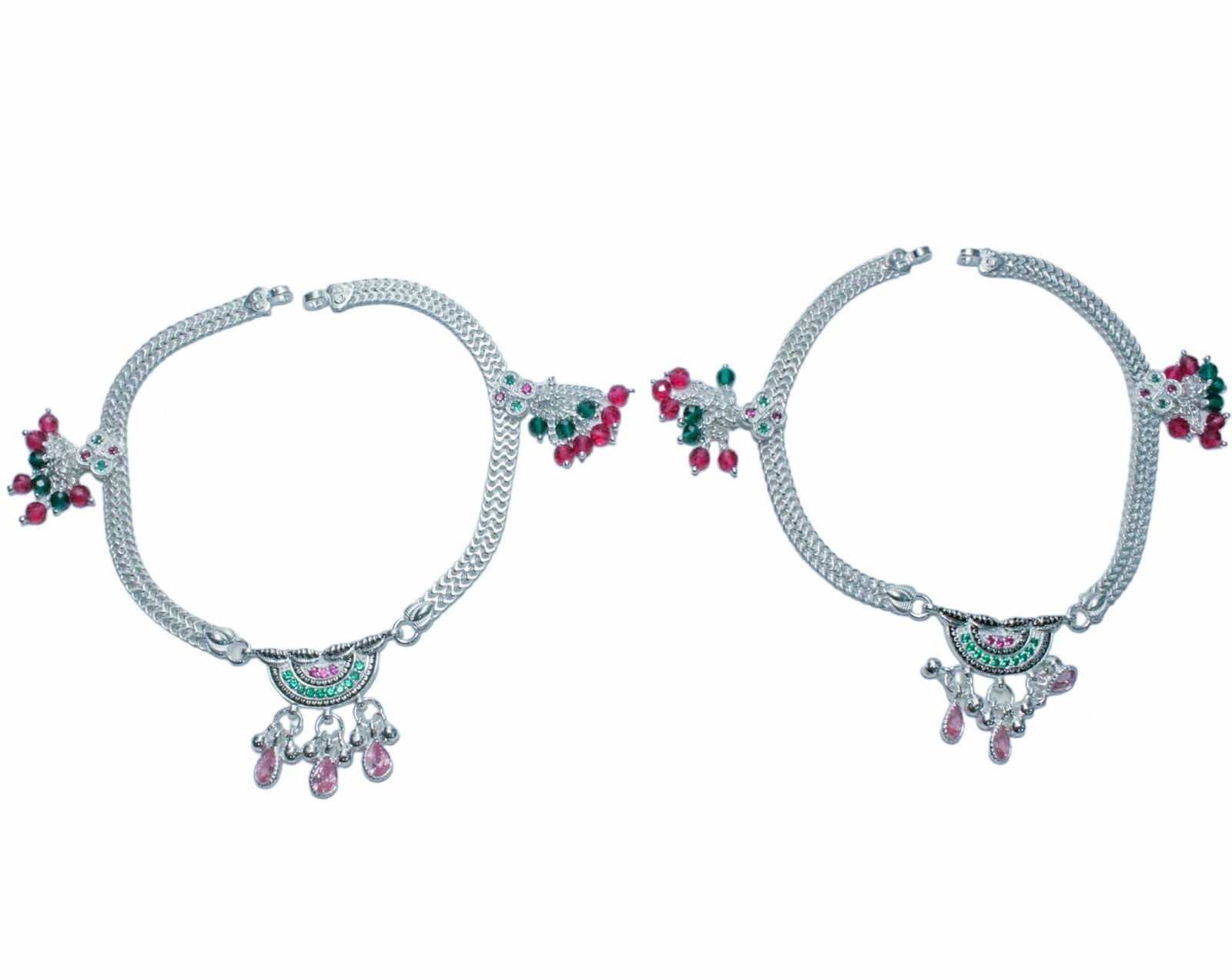 Traditional Silver Payal with Dual Chain Design and Colorful Stonework | Shyni - Shyni Jewellery