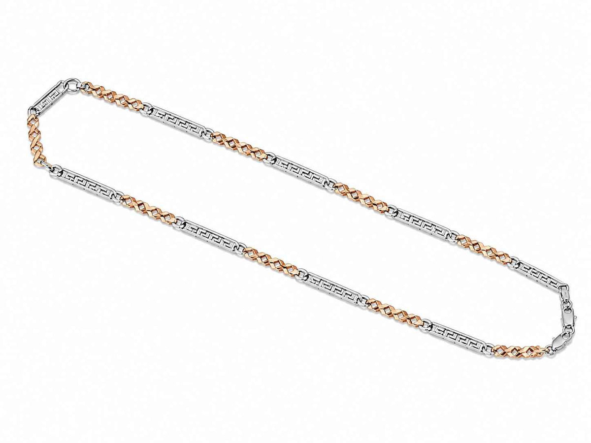 two tone greek key & rose gold rope link chain necklace for men in 925 silver