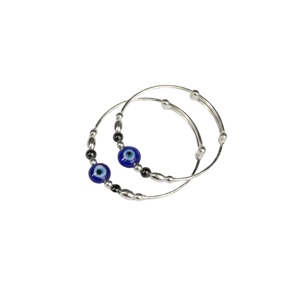 baby blue evil eye & black hematite bead triple wire kada set