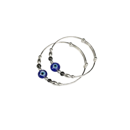 Baby Blue Evil Eye & Black Hematite Bead Triple Wire Kada Set