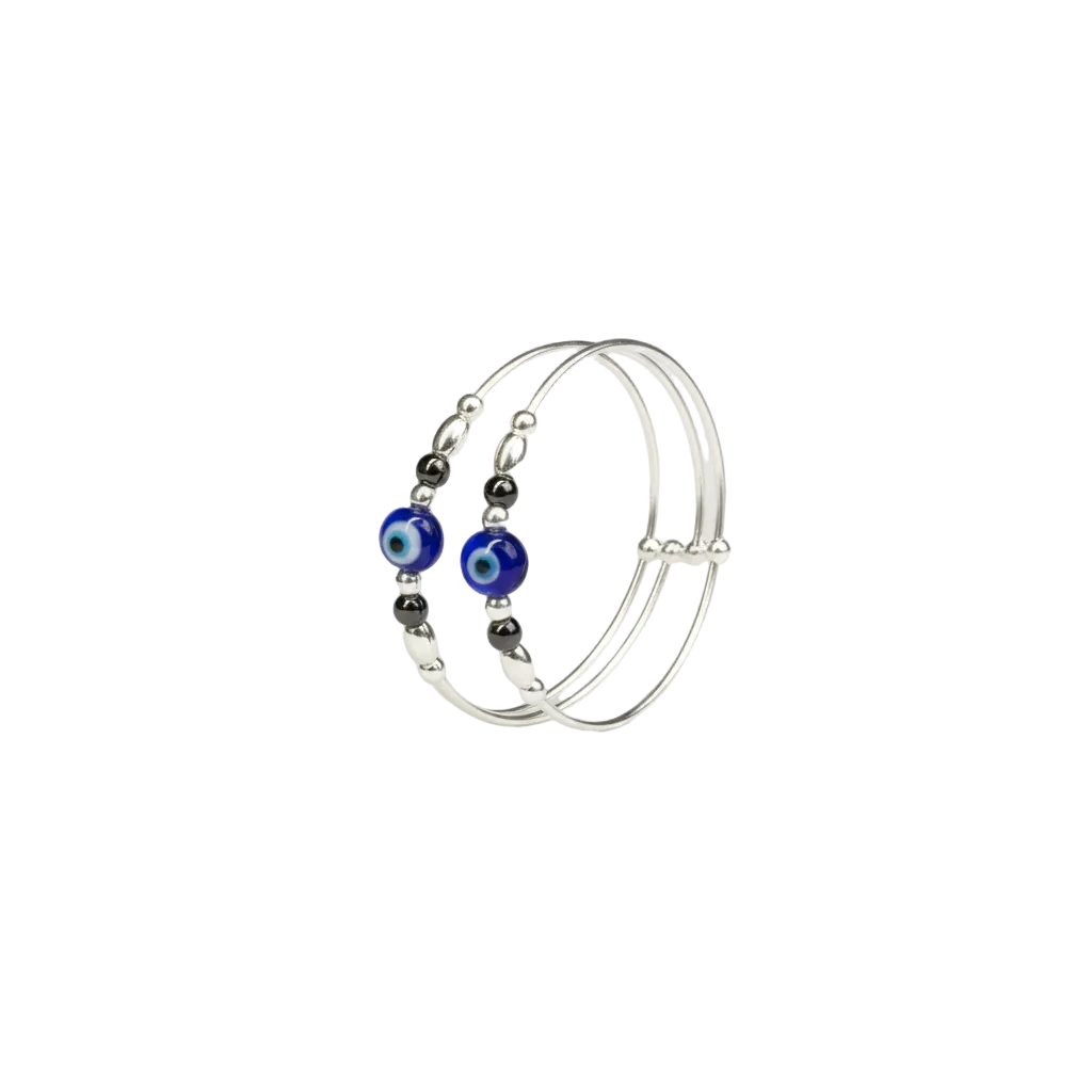 baby blue evil eye & black hematite bead triple wire kada set
