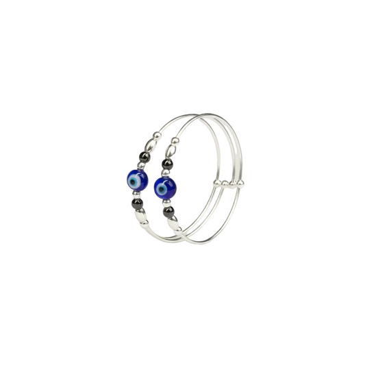 Baby Blue Evil Eye & Black Hematite Bead Triple Wire Kada Set