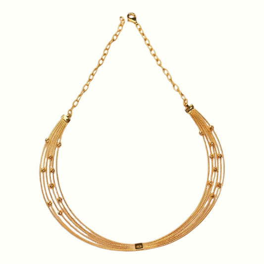 Gold Tone Multi-Strand CNC Textured Wire & Ball Bead Necklace in 925 Silver