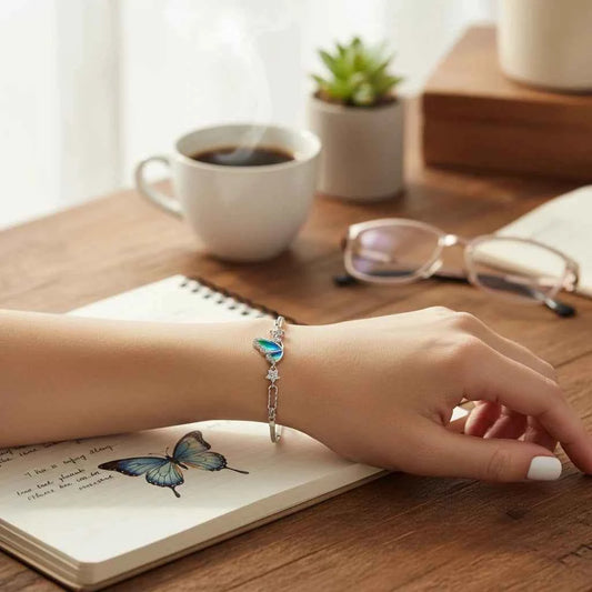 Blue-Green Gradient Enamel Butterfly Bracelet in 925 Silver