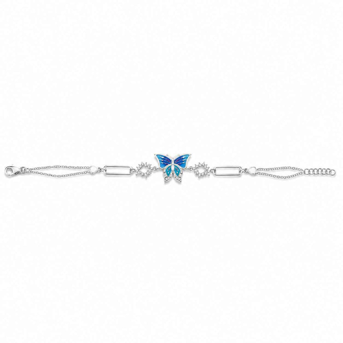blue gradient enamel butterfly bar link cz connector bracelet in 925 silver