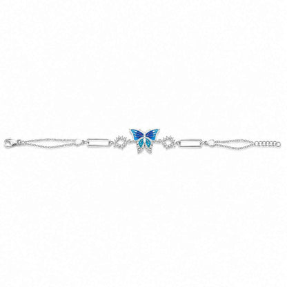 Blue Gradient Enamel Butterfly Bar Link CZ Connector Bracelet in 925 Silver