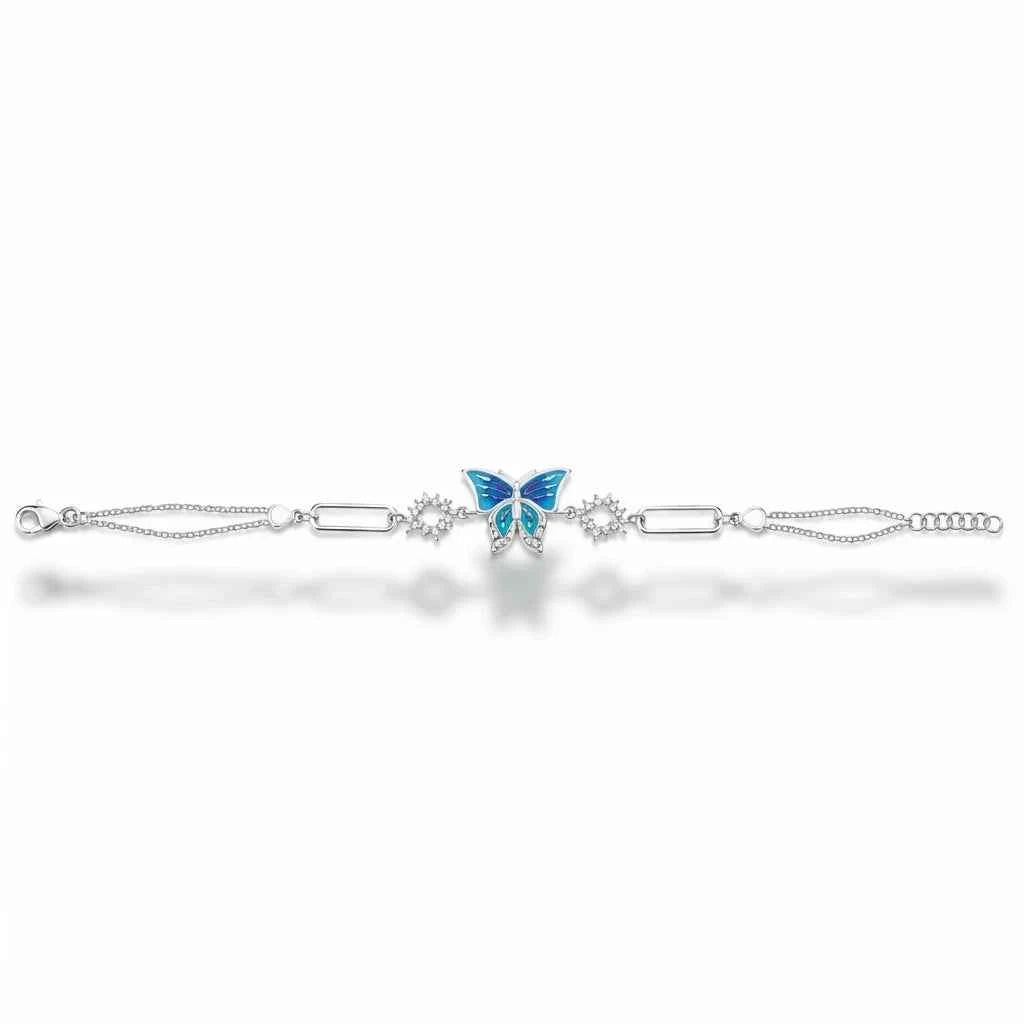 blue gradient enamel butterfly bar link cz connector bracelet in 925 silver