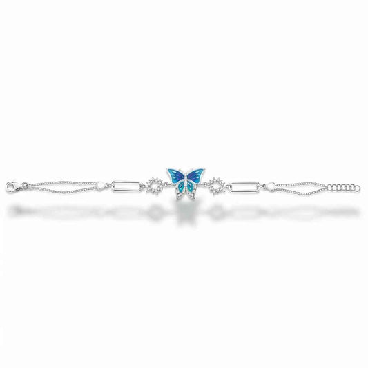 Blue Gradient Enamel Butterfly Bar Link CZ Connector Bracelet in 925 Silver