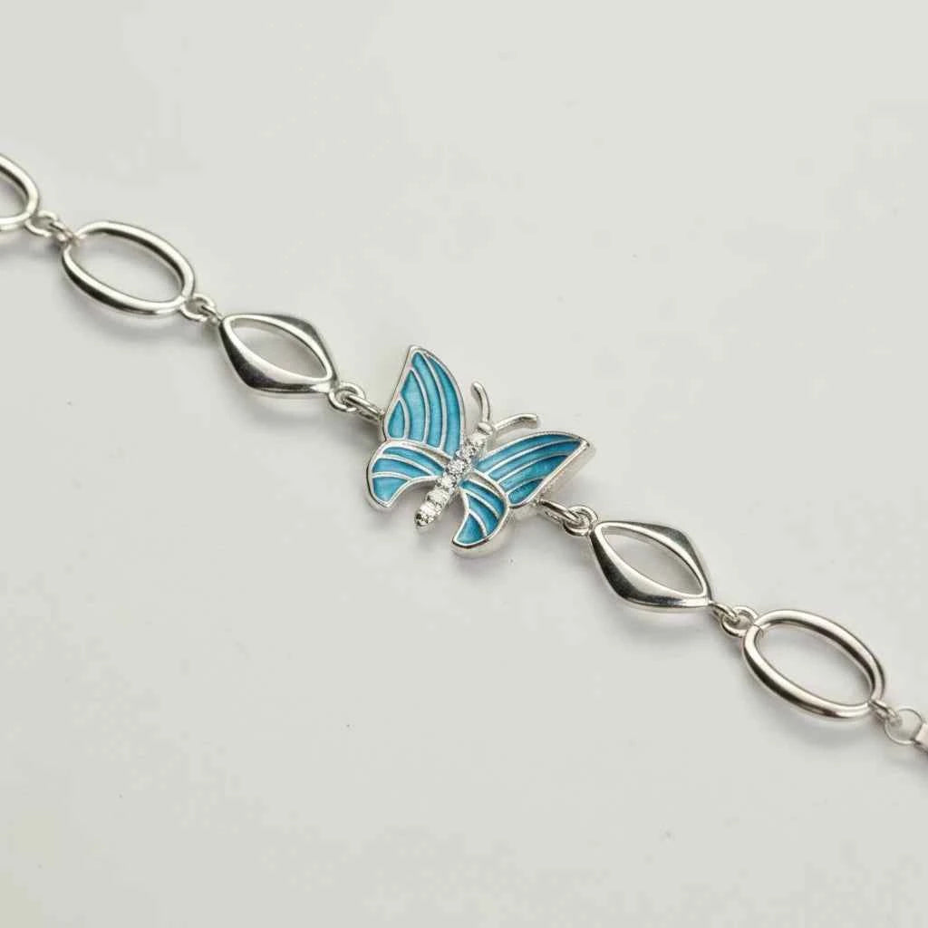 teal enamel butterfly & marquise link bracelet in 925 silver