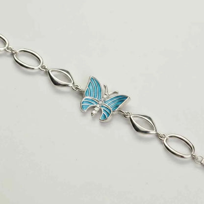 Teal Enamel Butterfly & Marquise Link Bracelet in 925 Silver