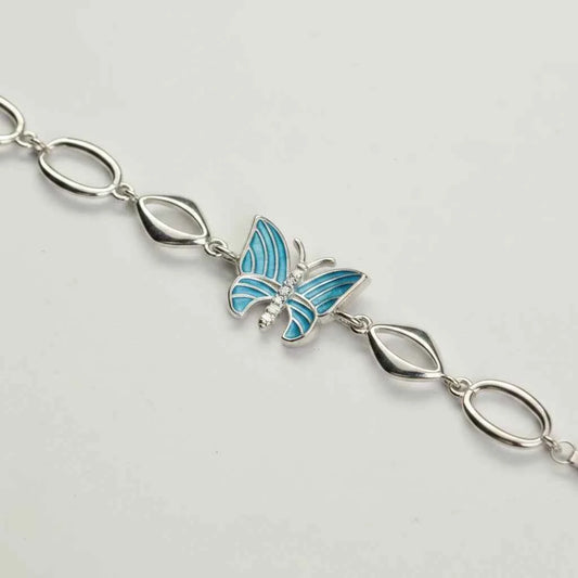 Teal Enamel Butterfly & Marquise Link Bracelet in 925 Silver