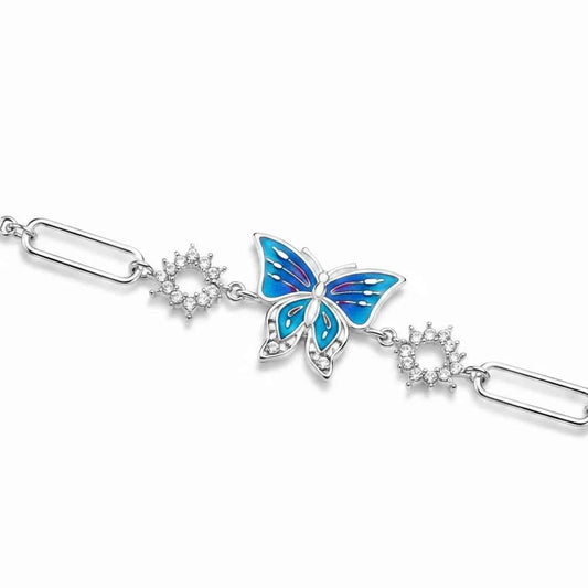 Blue Gradient Enamel Butterfly Bar Link CZ Connector Bracelet in 925 Silver