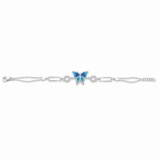 Shyni Jewelry butterfly bracelet featuring a blue enamel butterfly charm on a silver chain with delicate crystal accents