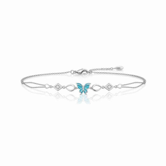 Teal Enamel Butterfly Geometric Link Double Chain Bracelet in 925 Silver