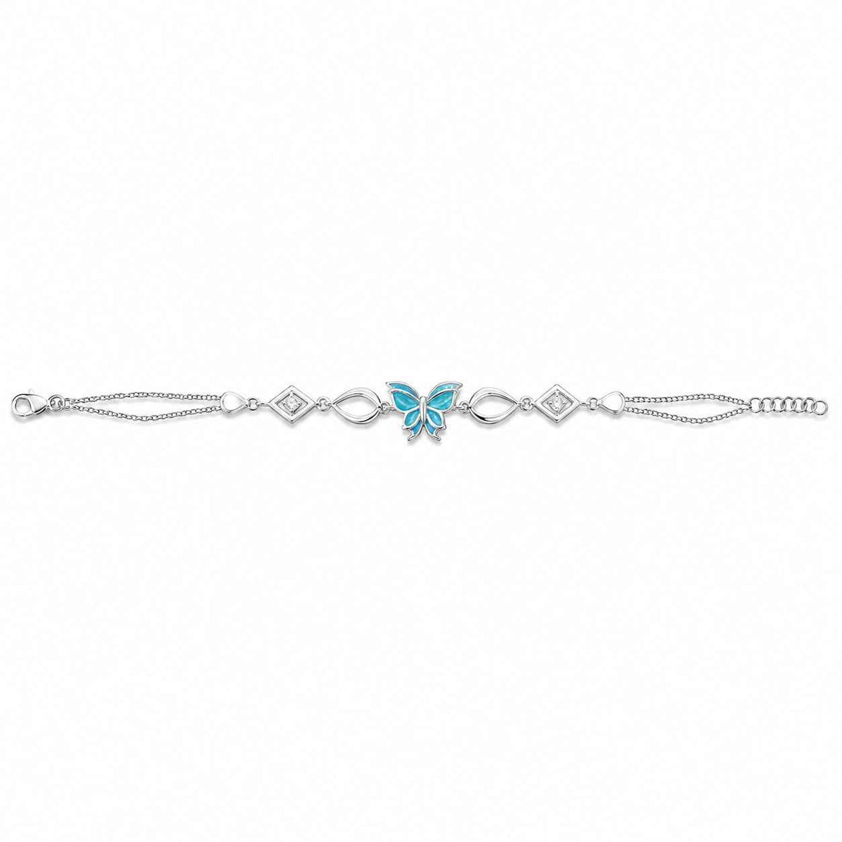 teal enamel butterfly geometric link double chain bracelet in 925 silver