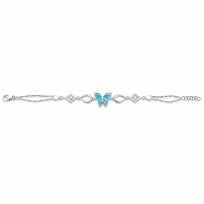 Teal Enamel Butterfly Geometric Link Double Chain Bracelet in 925 Silver