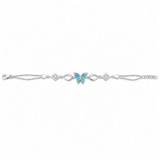 Teal Enamel Butterfly Geometric Link Double Chain Bracelet in 925 Silver