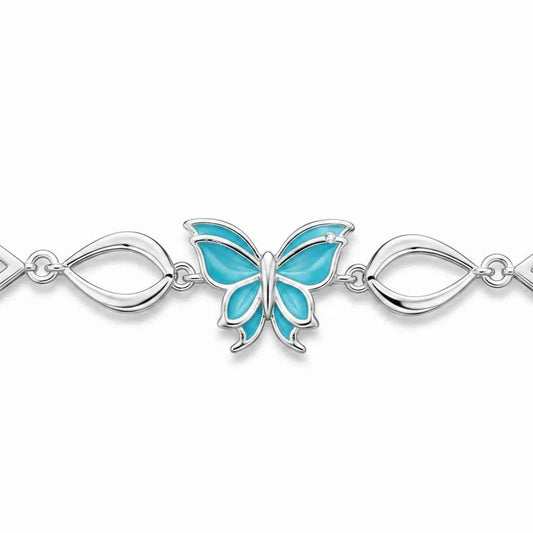 Teal Enamel Butterfly Geometric Link Double Chain Bracelet in 925 Silver