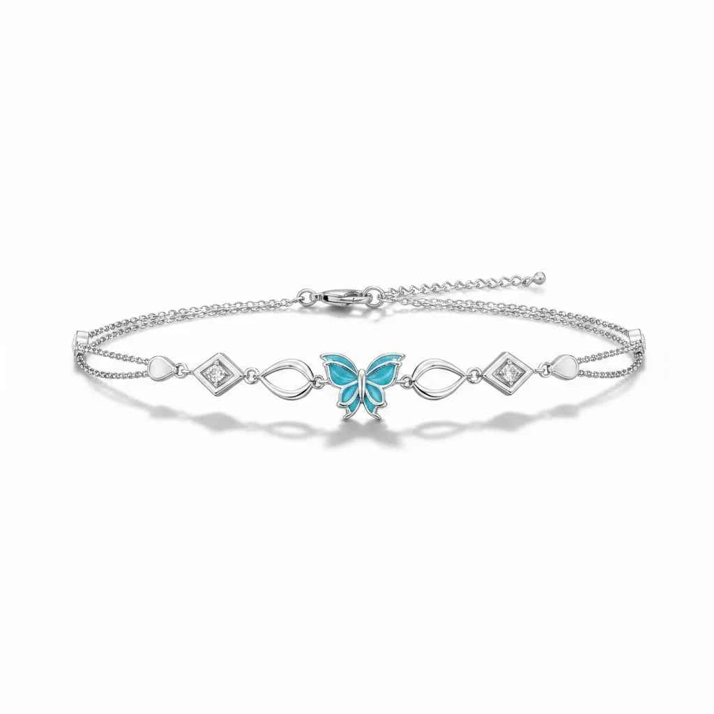 Teal Enamel Butterfly Geometric Link Double Chain Bracelet in 925 Silver