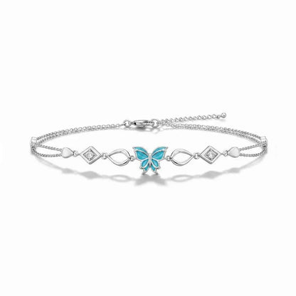 Teal Enamel Butterfly Geometric Link Double Chain Bracelet in 925 Silver