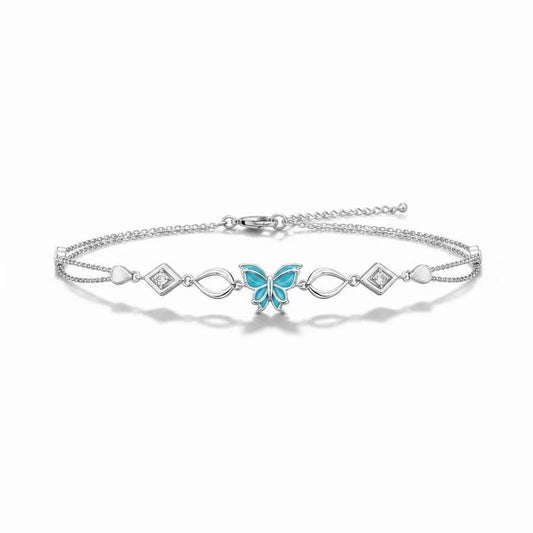 Teal Enamel Butterfly Geometric Link Double Chain Bracelet in 925 Silver