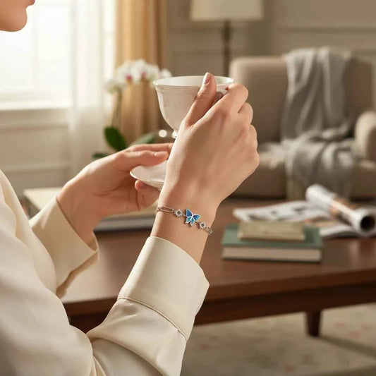 Blue Gradient Enamel Butterfly Bar Link CZ Connector Bracelet in 925 Silver