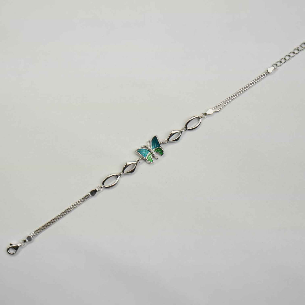 Green Enamel Butterfly & Marquise Link Bracelet in 925 Silver