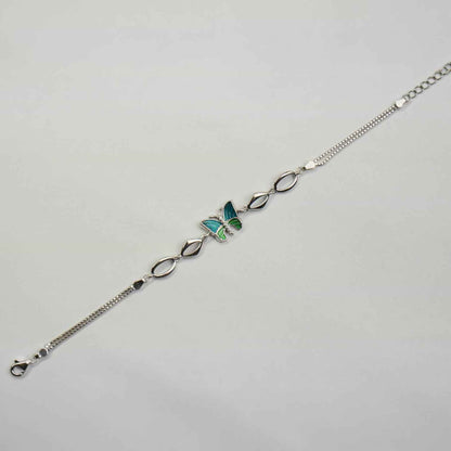 Green Enamel Butterfly & Marquise Link Bracelet in 925 Silver