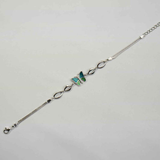 Green Enamel Butterfly & Marquise Link Bracelet in 925 Silver
