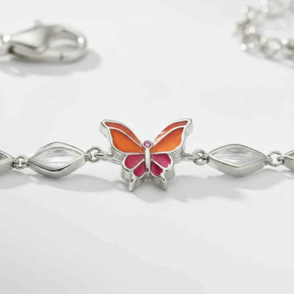 Orange Enamel Butterfly Marquise Leaf Beaded Chain Bracelet in 925 Silver