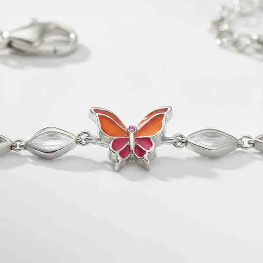 Orange Enamel Butterfly Marquise Leaf Beaded Chain Bracelet in 925 Silver