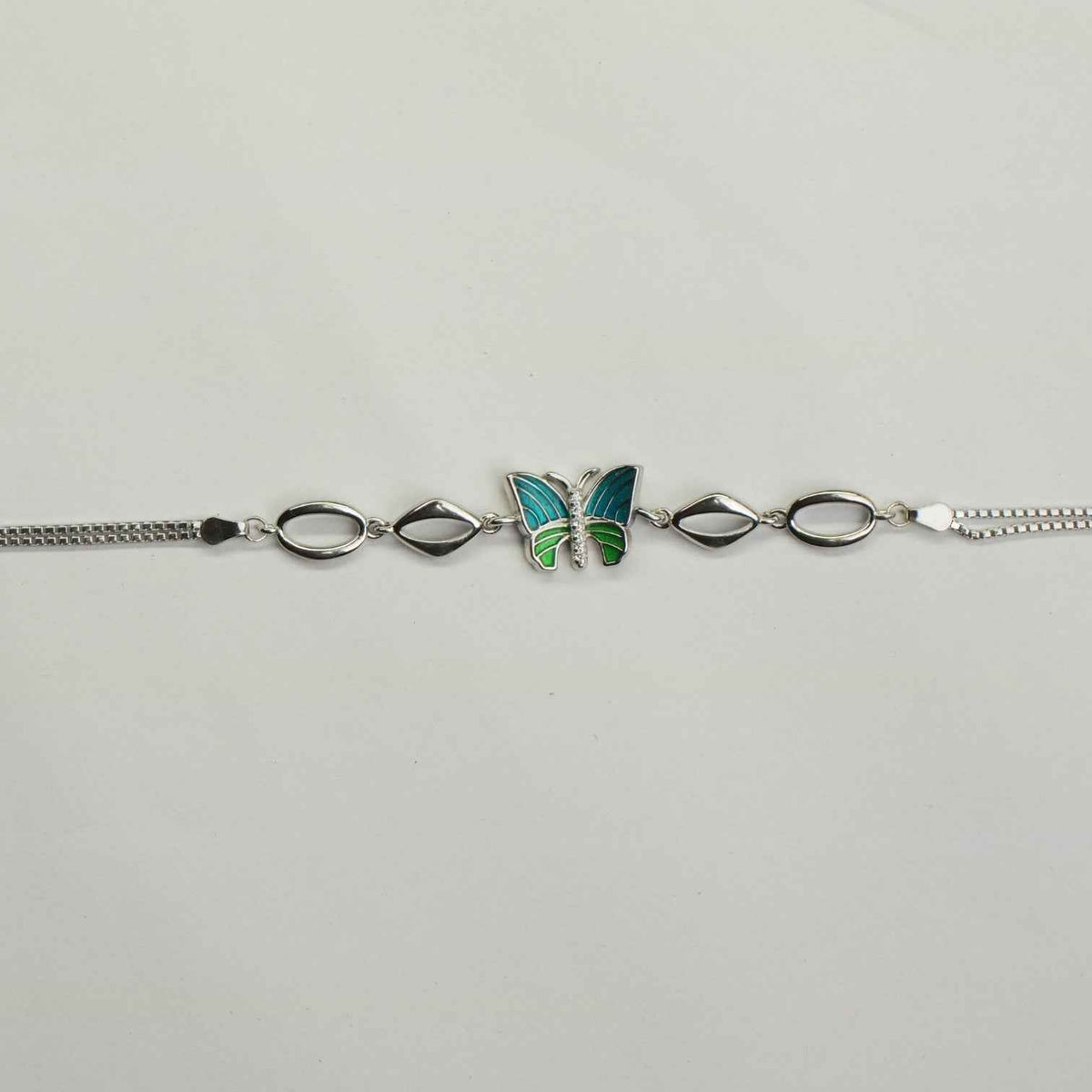 green enamel butterfly & marquise link bracelet in 925 silver