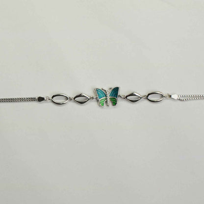 Green Enamel Butterfly & Marquise Link Bracelet in 925 Silver