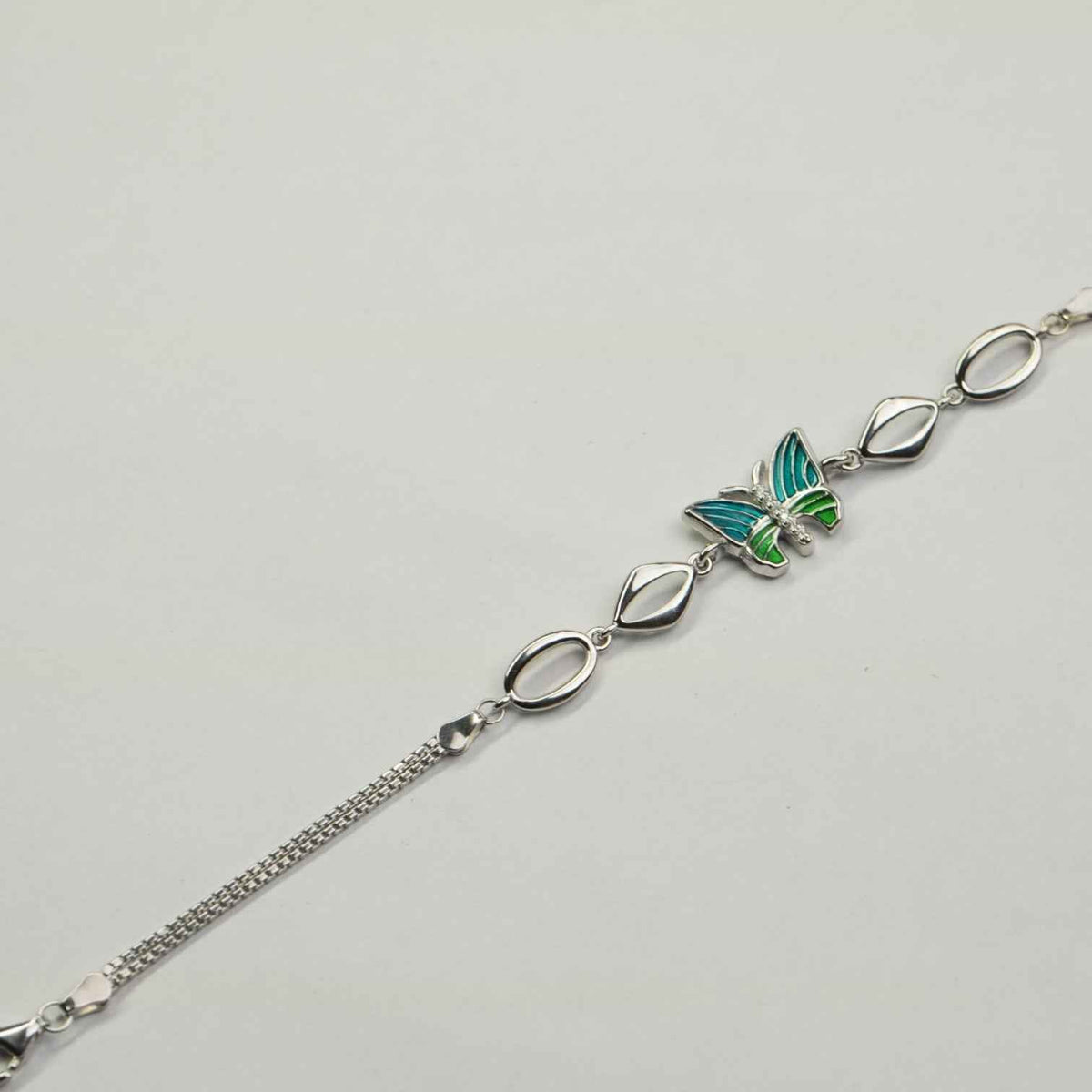 Green Enamel Butterfly & Marquise Link Bracelet in 925 Silver