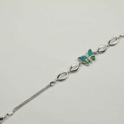 Green Enamel Butterfly & Marquise Link Bracelet in 925 Silver
